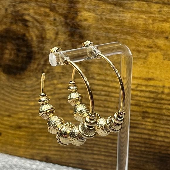 Gold Open Hoops w/ Gold Beads - Picture 6 of 7